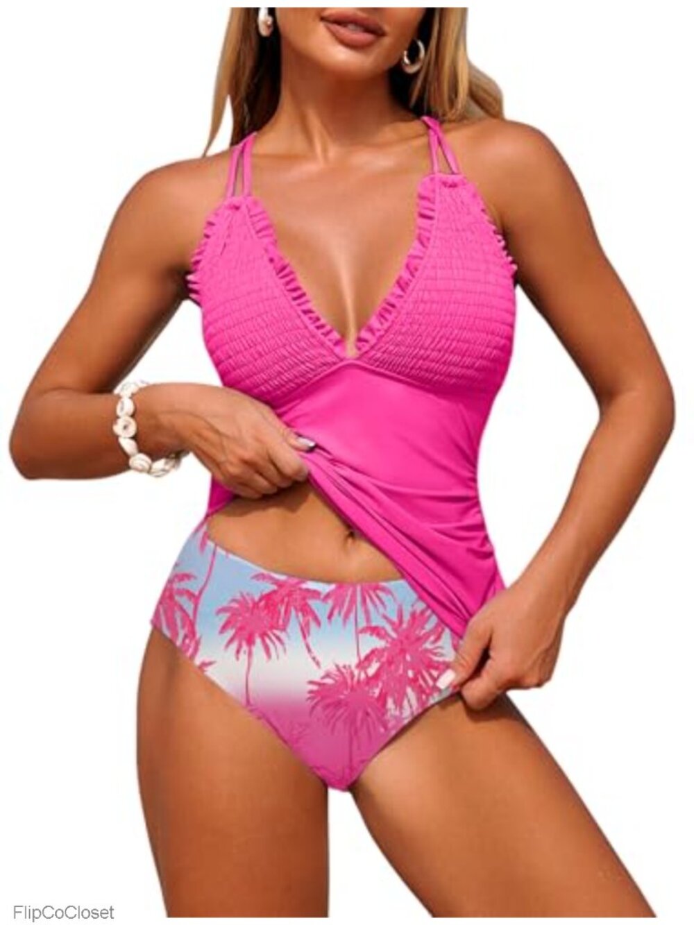 Women's Tankini Swimsuits Smocked 2 Piece Bathing Suits High Waisted